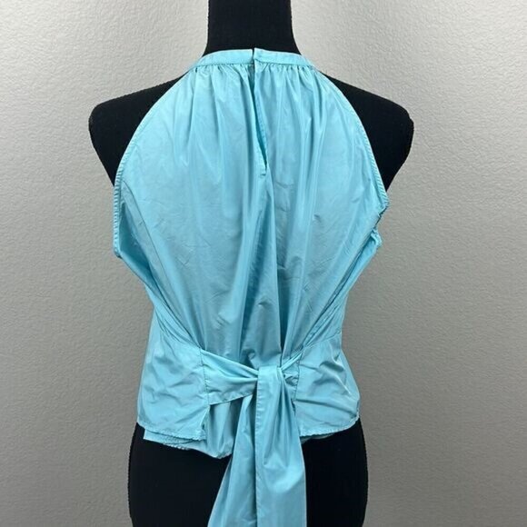 Zara Halter Top Powder Blue Tie-Back Bow Panel Fitted Sleeveless Keyhole Blouse - Picture 7 of 13